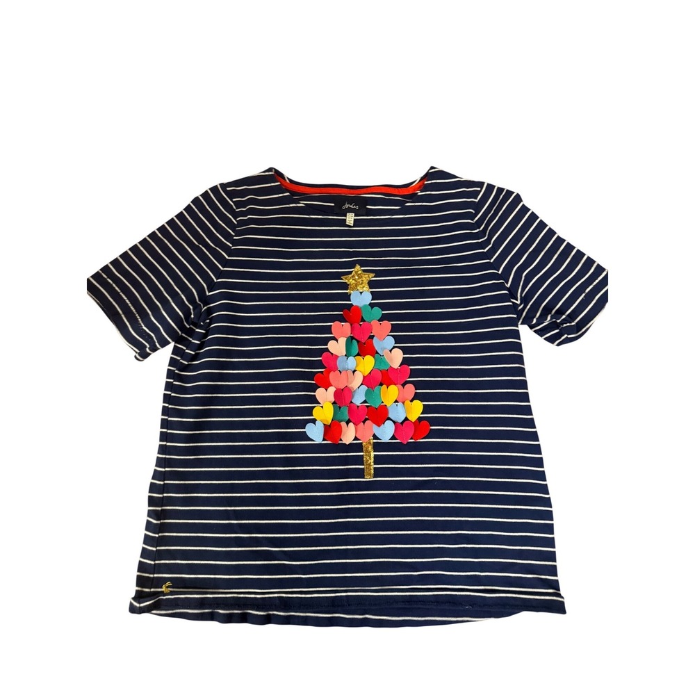 Joules Navy White Stripe Christmas‎ Tree Applique Hearts 
 Short Sleeve Size 12